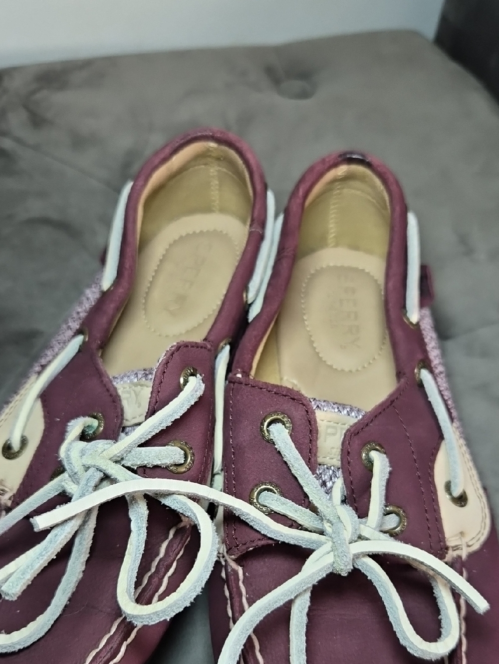 Sperry Burgundy Leather Boat Shoes with Cream Accent - Picture 7 of 8